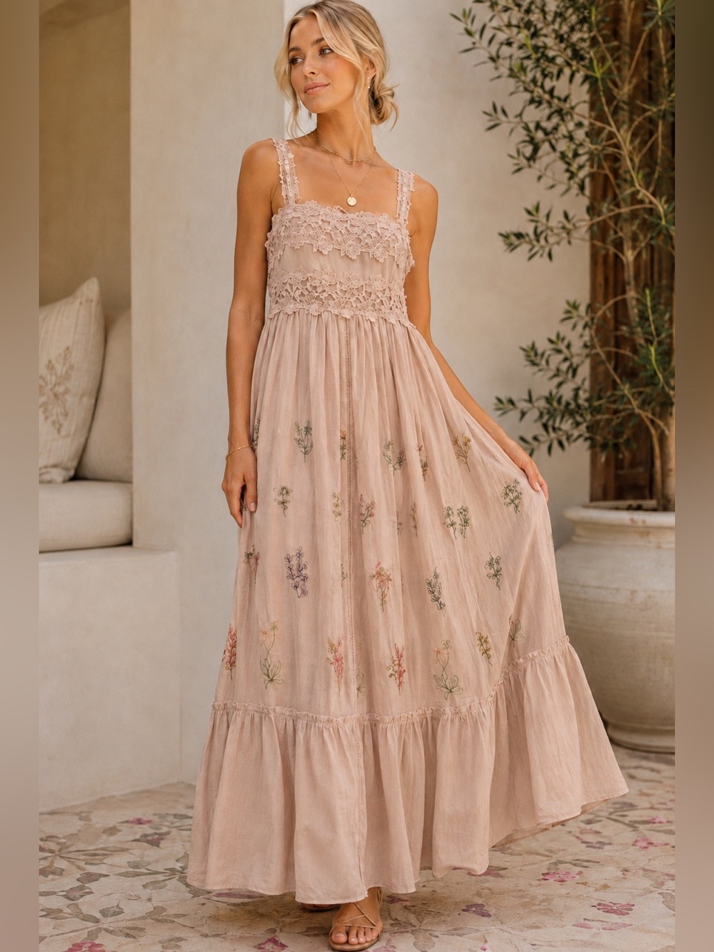 Caroline Constas Blush Pink Lace & Embroidered Floral Maxi Dress | Size S NWT